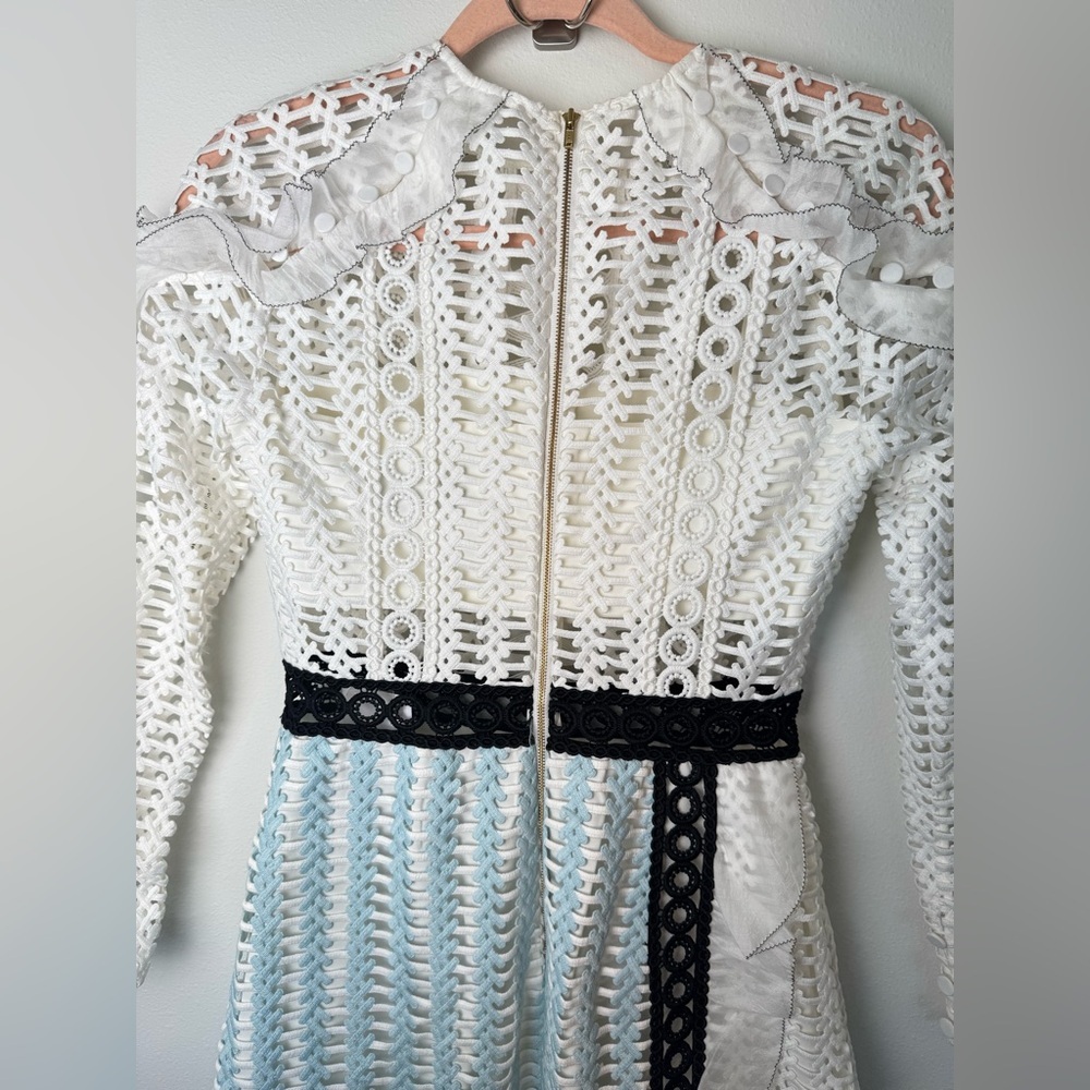 SELF-PORTRAIT White Blue Frill Shoulder Panel Lace Mini Dress US4/UK8 - Picture 9 of 12